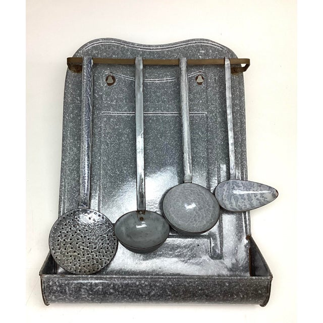 Vintage Gray Enamelware Graniteware Utensil Rack Holder with 4 Gray Utensils. 20 inches tall by 14 inches wide Drip pan is...