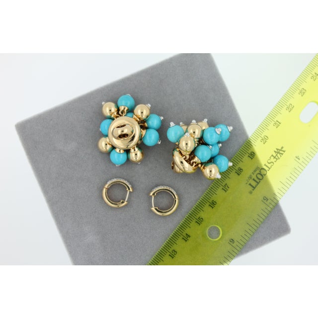 Blue Turquoise Diamonds Golden Sphere Bells Motif Two Tone Gold Huggie Earrings, A Pair For Sale - Image 13 of 14