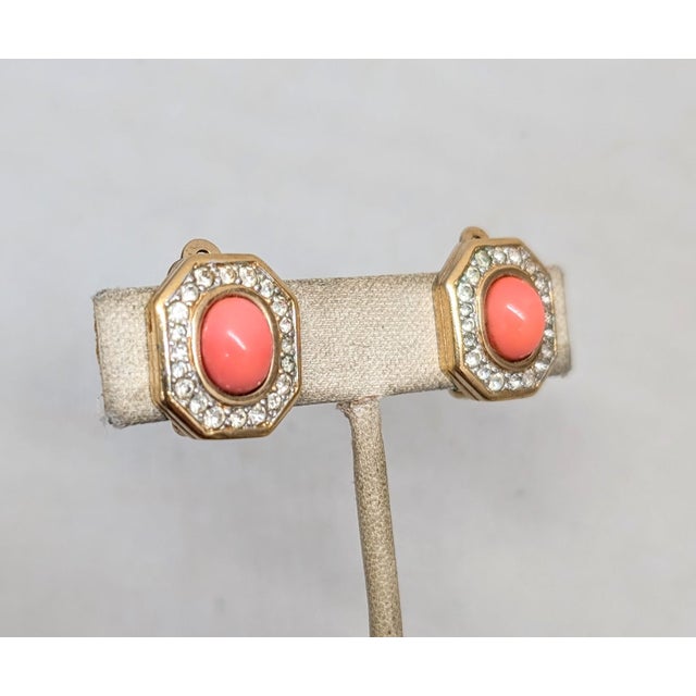 Metal Vintage 1960s Signed Panetta Goldtone Cabochon Faux-Coral & Clear Rhinestone Clip Earrings-2 Pieces For Sale - Image 7 of 9