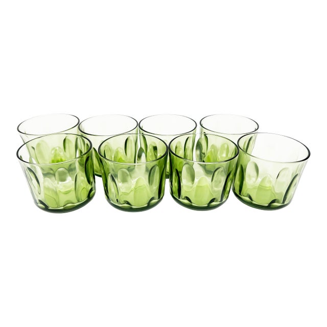 Mid Century Hazel Atlas Avocado Green Glass Thumbprint Rocks Glasses - 8 Pieces For Sale