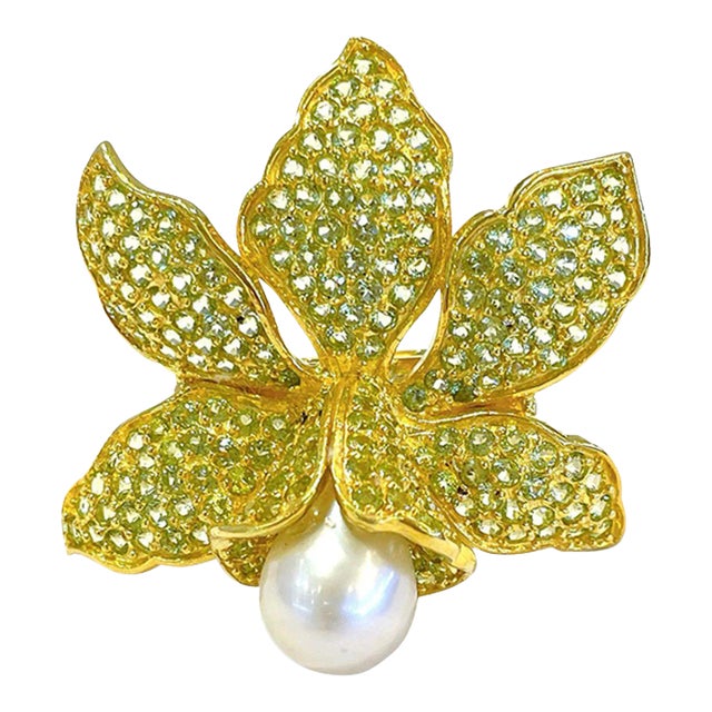 Bochic “Orient” Peridot & Pearl Cocktail Ring Set in 18k Gold & Silver Size 4 For Sale