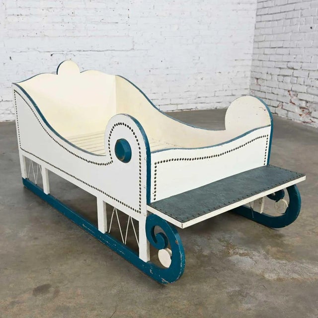Blue Vintage Sleigh-Style Child, Doll or Dog Bed White With Blue Trim & Nail Head Design For Sale - Image 8 of 13
