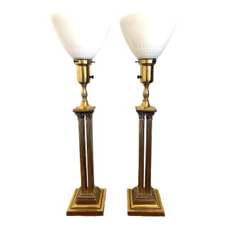 Pair of Neoclassical-Style Brass Column Torchiere Table Lamps For Sale