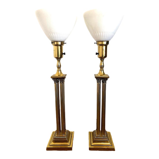 Pair of Neoclassical-Style Brass Column Torchiere Table Lamps For Sale