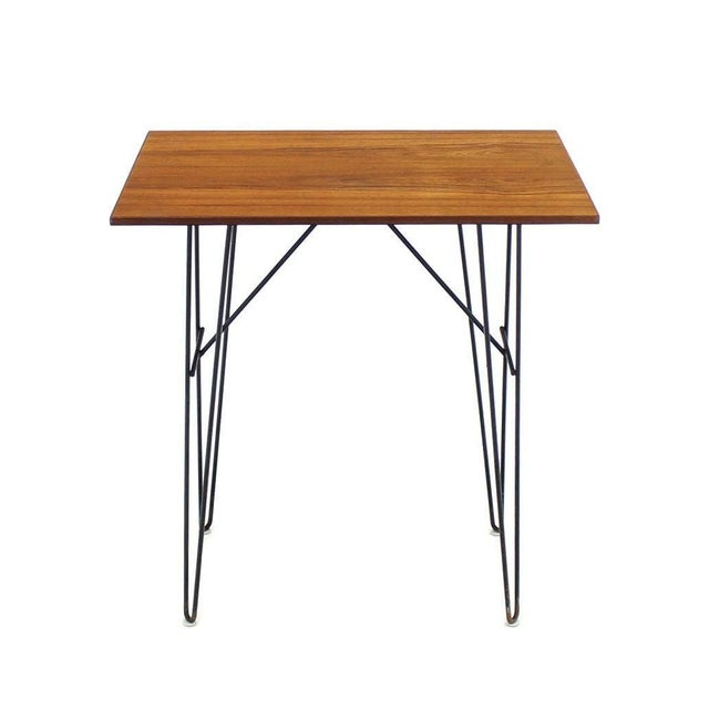 Mid 20th Century Pair Teak Tops End Side Console Tables Stands Pedestals Tall Wire Legs MINT! For Sale - Image 5 of 8