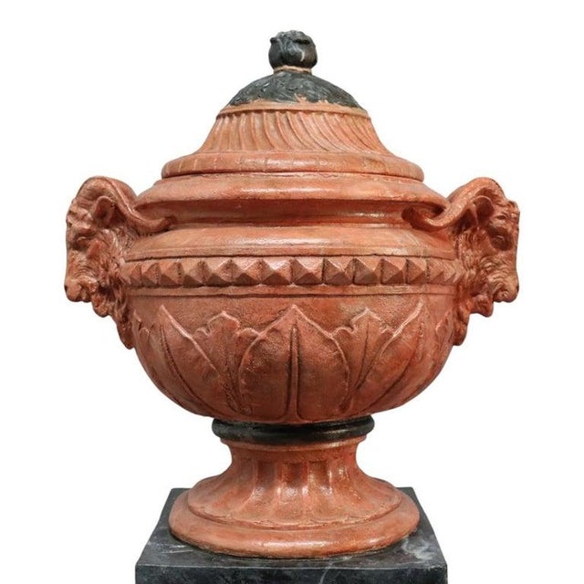This is a pair of Neoclassical-style garden urns, crafted from terra cotta with black-painted accents, dating to the 20th...