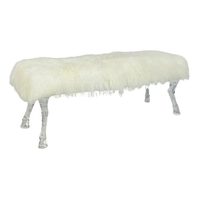 Modern Bench With Lucite Hooved Legs & Mongolian Fur Upholstery For Sale