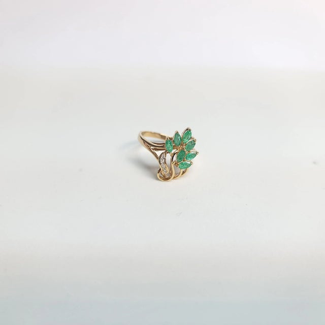 2020s Marquise Emerald & Diamond Floral Style Ring .40cttw 14k Yellow Gold, Size 7.5 For Sale - Image 5 of 5