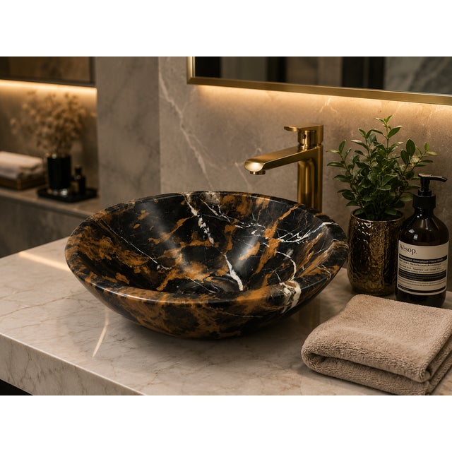 Contemporary Luxury Black & Gold Marble Vessel Sink – Natural Stone Bathroom Basin - 16" X 16" X 6" - By Zarva Stone For Sale - Image 3 of 11