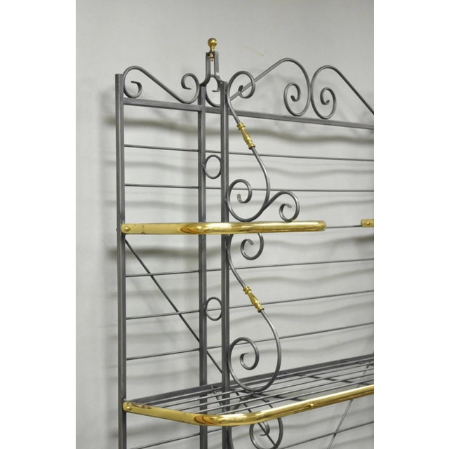 French Country Vintage French Country Wrought Iron & Brass Kitchen Bakers Rack Bookcase Etagere For Sale - Image 3 of 16