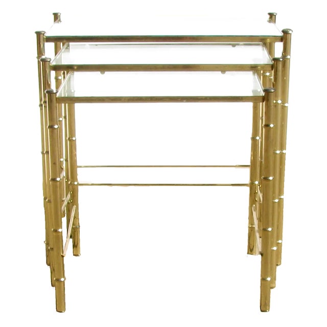 Mid-Century Modern Midcentury Faux Bamboo Brass & Glass Nesting Tables, Set of 3 For Sale - Image 3 of 4