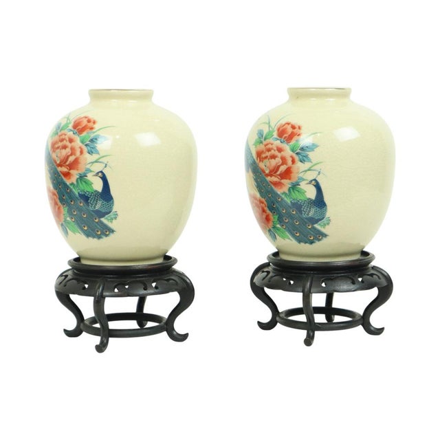 Japanese Vases Peacock Flowers Crackle in Ceramic, 1960s, Set of 2 For Sale - Image 3 of 18