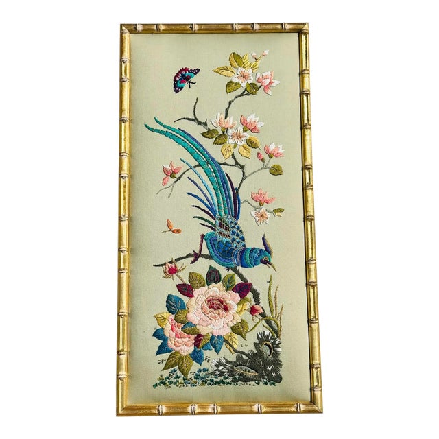 Vintage Chinoiserie Embroidered Silk Panel in Faux Bamboo Frame For Sale