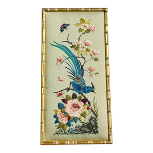 Vintage Chinoiserie Embroidered Silk Panel in Faux Bamboo Frame