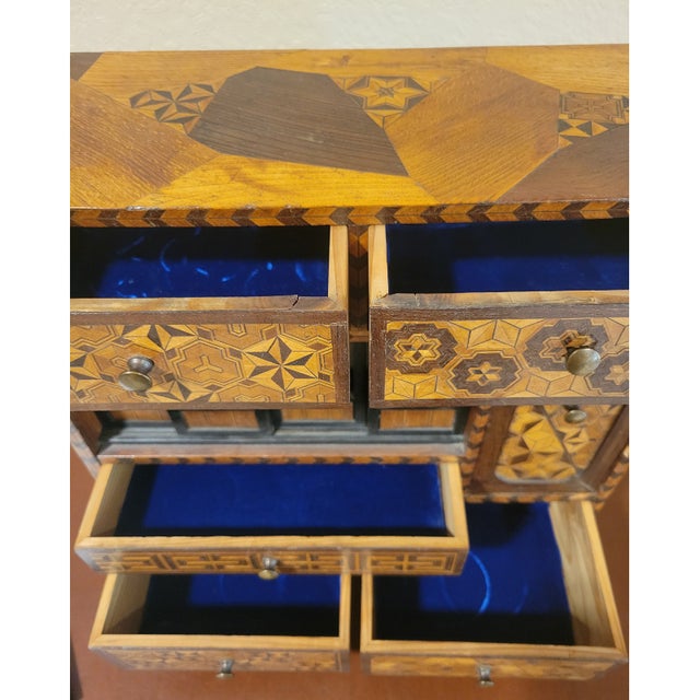 Japanese Antique Japanese Parquetry Inlaid Wood Tansu Cabinet Yosegi Zaiku MarquetryJapanese Marquetry For Sale - Image 3 of 11