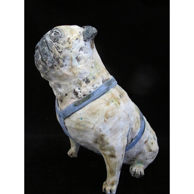 Pug Dog With Blue Harness Studio Pottery Sculpture Statue Signed Kaj For Sale - Image 11 of 15