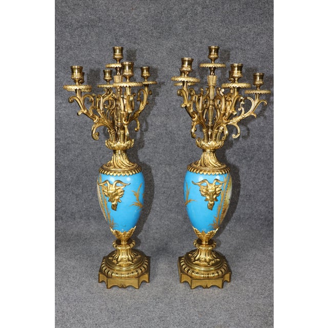 Metal Pair of French Late 19th Century Sevres Style Porcelain and Bronze Candelabras For Sale - Image 7 of 13