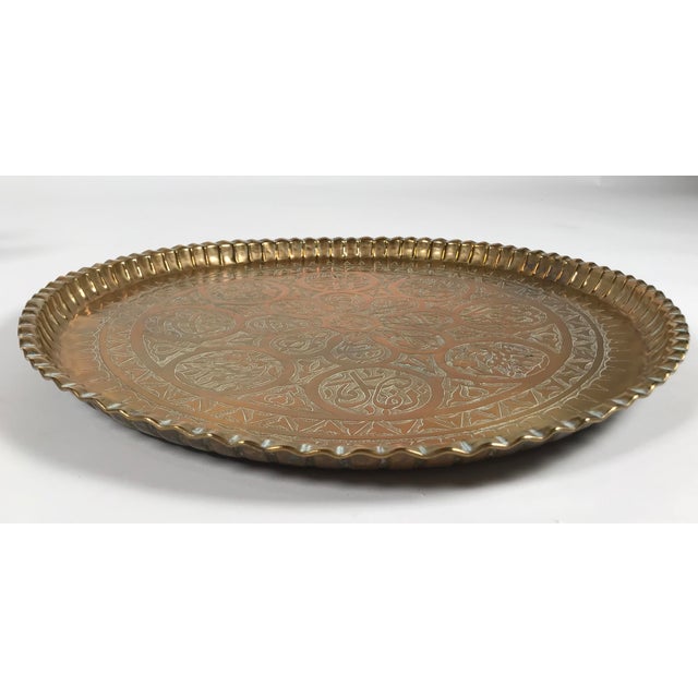 Indian Vintage Etched Brass Serving Tray With Pie Crust Edging For Sale - Image 3 of 4