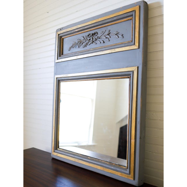 Antique Trumeau Style Gray Painted Wall Mirror With Gold Leaf For Sale - Image 4 of 12