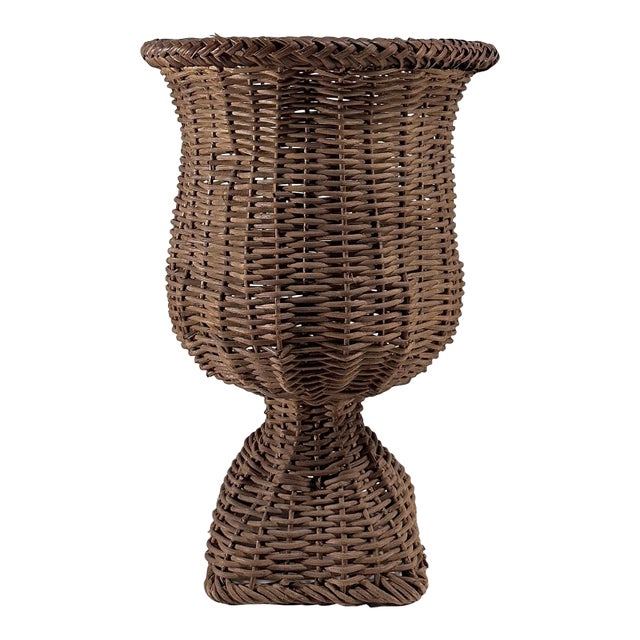1970’s Woven Wicker Urn Shaped Tall Cachepot/Planter, Quatrefoil Base For Sale