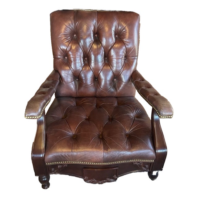 Late 20th Century Hancock & Moore Tufted Leather High-Back Library Chair With Casters & Drawer For Sale