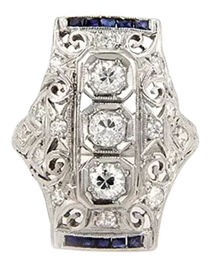 Diamond & Sapphire Platinum Long Milgrain Open Filigree Ring - Size 5