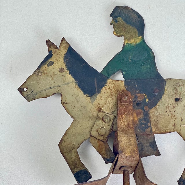 Early 20th Century Antique Folk Art Sheet Metal Rider on Horse/Mule Toy/Sculpture, Hand Painted For Sale - Image 5 of 13