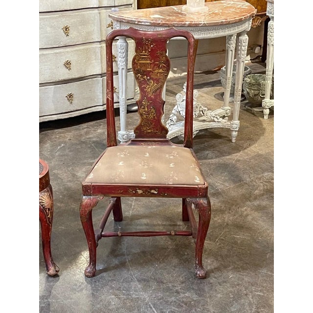 Beautiful 19th century English Queen Anne red lacquered chinoiserie side chair. Pretty hand painted design! Note: There is...