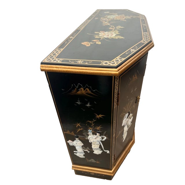 Wood Vintage Chinese Console Cabinet Chinoiserie Mother of Pearl Applique Asian Style For Sale - Image 7 of 11