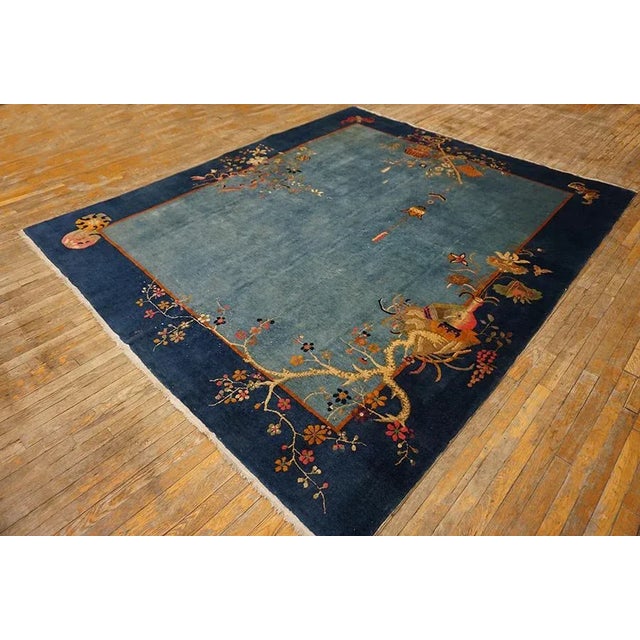 Art Deco 1920s Cornflowers Blue Minimalist Floral Antique Chinese Art Deco Carpet 8' X 9'9" Knotted Wool Rug For Sale - Image 3 of 15