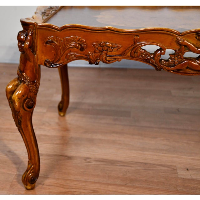 Wood 1930 French Walnut & Satinwood Inlay Carved Cherubs Hand Painted Coffee Table For Sale - Image 7 of 11