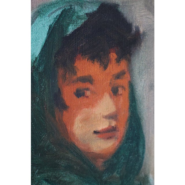A striking signed vintage portrait distinguished by its saturated emerald-green palette, expressive figurative handling...