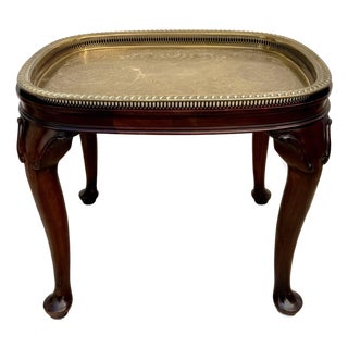 Mid-Century Queen Anne Style Mahogany Side Table With Engraved Brass Tray For Sale