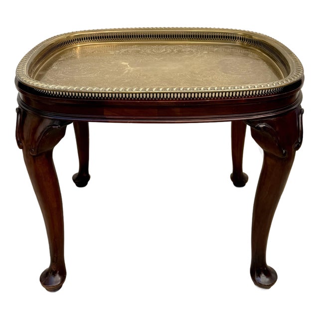 Mid-Century Queen Anne Style Mahogany Side Table With Engraved Brass Tray For Sale