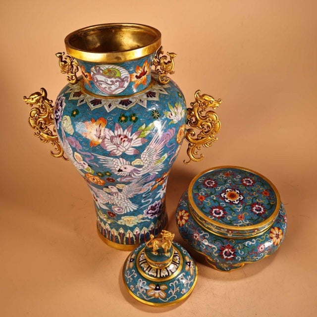 Blue Monumental Chinese Cloisonné Vase | Gilt Bronze Dragon Handles & Dove Motif For Sale - Image 8 of 9