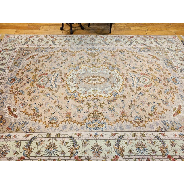Persian Tabriz Rug, Hand-Knotted Wool & Silk, Floral Design Taupe & Pale Green, 7x10 For Sale - Image 9 of 18