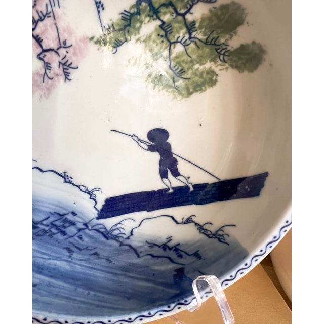 Antique Blue & White Hand-Painted Porcelain Bowl With Fisherman Scene For Sale - Image 4 of 10