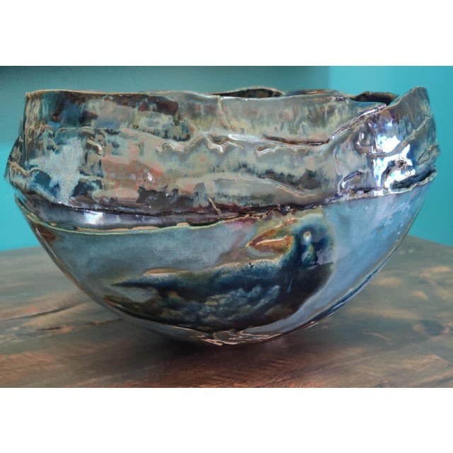 Vintage 1930s Large Primitive Folk Art Pottery Bowl Hand Painted With Black Birds For Sale - Image 4 of 13