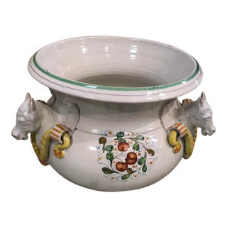 Early 20th Century Ceramic Plant Pot Hand Painted With 3 Horse Head Statue/Vintage/Reduced For Sale