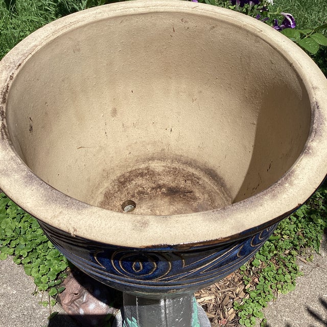 Ink Blue Mediterranean Style Large Pottery Studio Cobalt Blue Glazed Ceramic Planter W/Incised Tan Scroll For Sale - Image 8 of 12