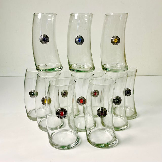 1980s Vintage Memphis Postmodern Bent Glass Sterling Medallion Tall Boy Tumblers - Set of 12 For Sale - Image 11 of 15
