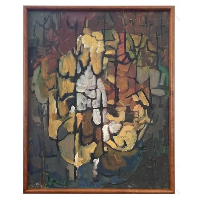 Original abstract floral painting signed "E. Sundt" and dated "57 in the lower right corner. Executed in a modernist style...