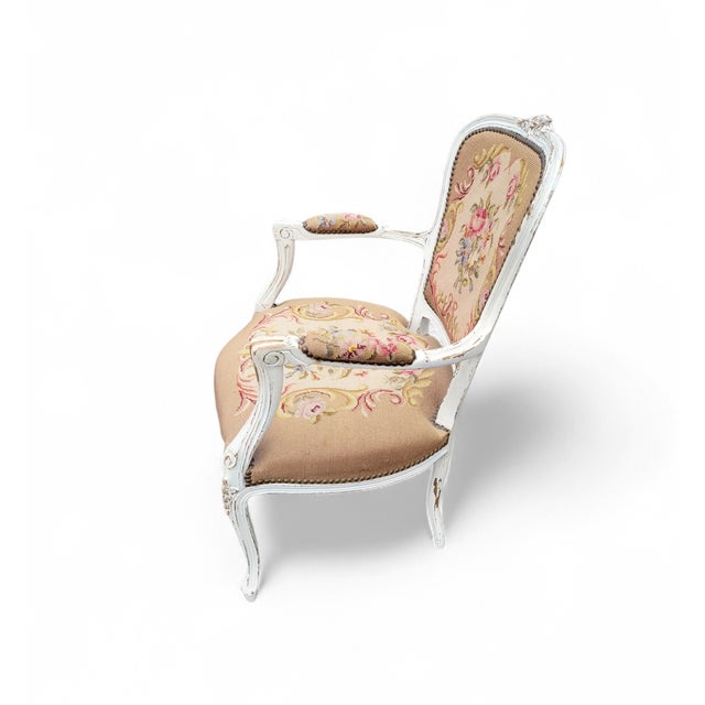 French Louis XV Style Armchair with Hand-Embroidered Floral Needlepoint, 1920s For Sale - Image 15 of 18