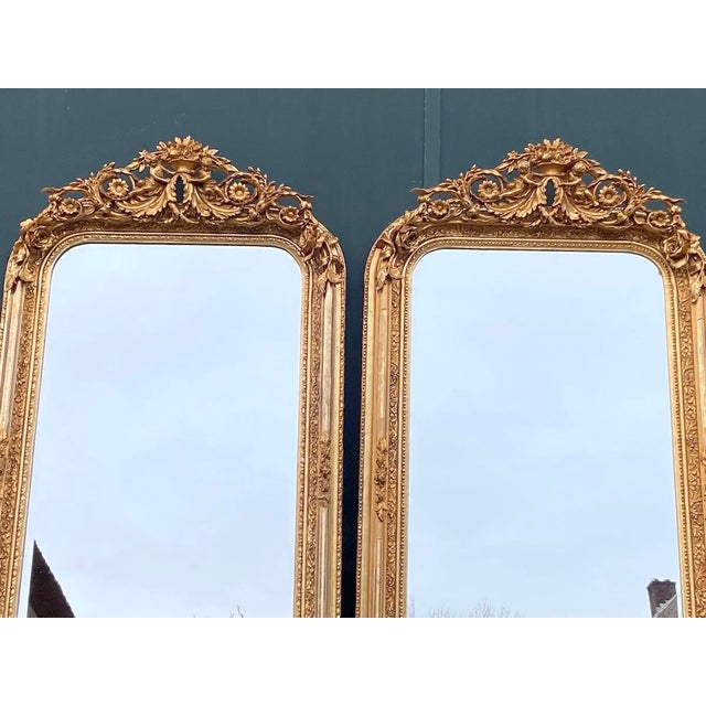Late 20c French Louis XVI Gold Wood Floor Mirrors Pair For Sale - Image 14 of 17