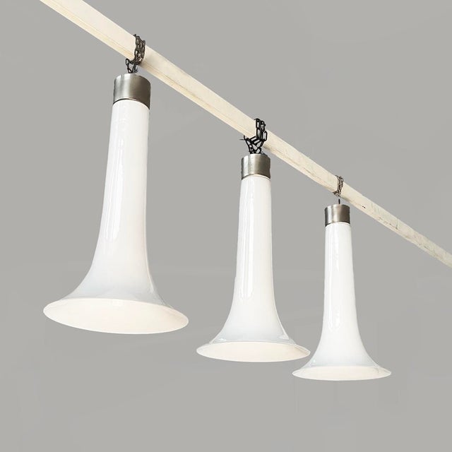 Italian Modern Chandeliers in White Opaline Glass and Metal, 1970s, Set of 3 For Sale - Image 11 of 11