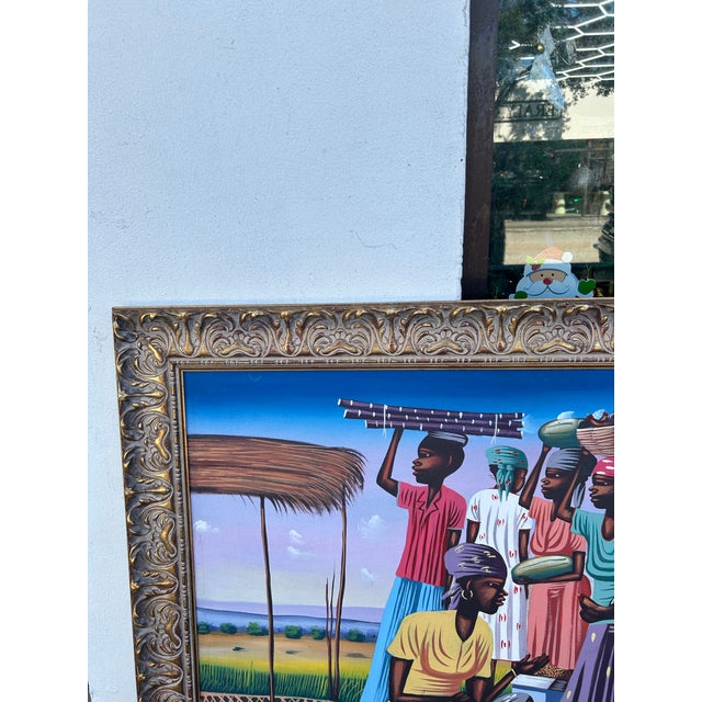 Folk Art Vintage Haitian Painting of Women and Chickens For Sale - Image 3 of 6
