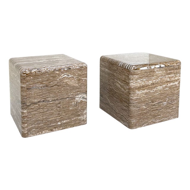 Veined Polished Travertine Stone Side Tables, 1970s, Set of 2 For Sale