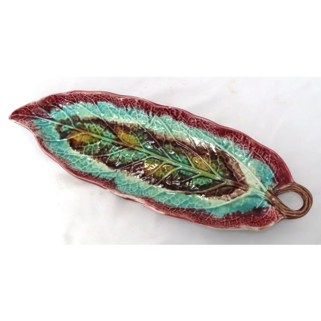 Victorian Antique American Victorian Majolica Leaf Relish Serving Tray For Sale - Image 3 of 13