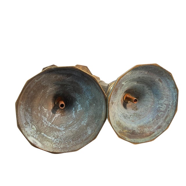 Antique Brass Candlesticks With Patina 15” - A Pair For Sale - Image 10 of 13