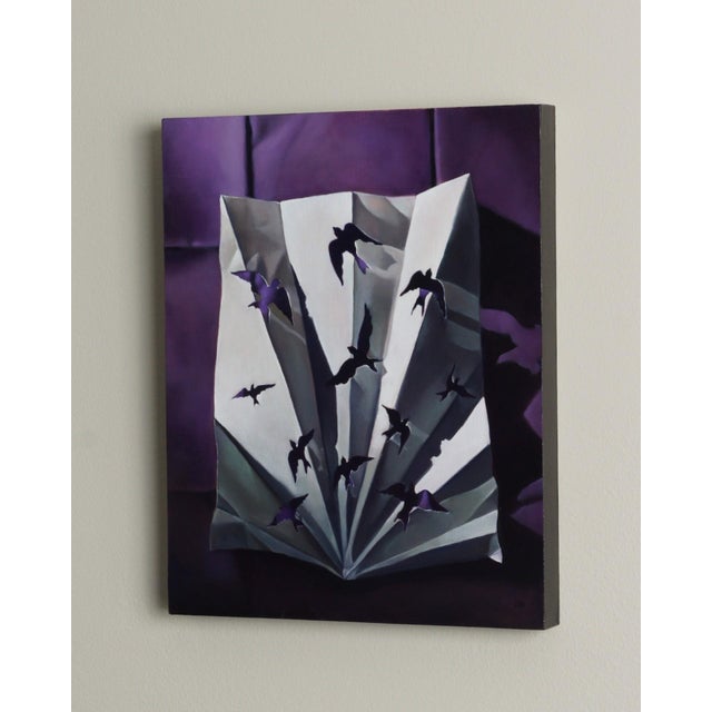 Contemporary Flight by Amy Ordoveza | Oil on Wood Painting of birds emerging from a folded paper background For Sale - Image 3 of 3